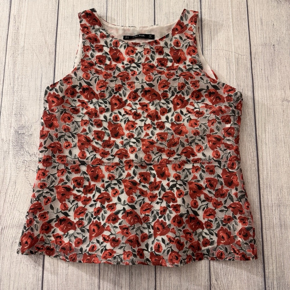 Zara Basic Floral‎ Sleeveless Blouse Red Poppy Print Sheer Layered Top Small